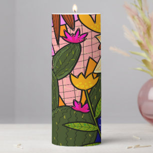 Abstract tropical leaves and flowers pillar candle