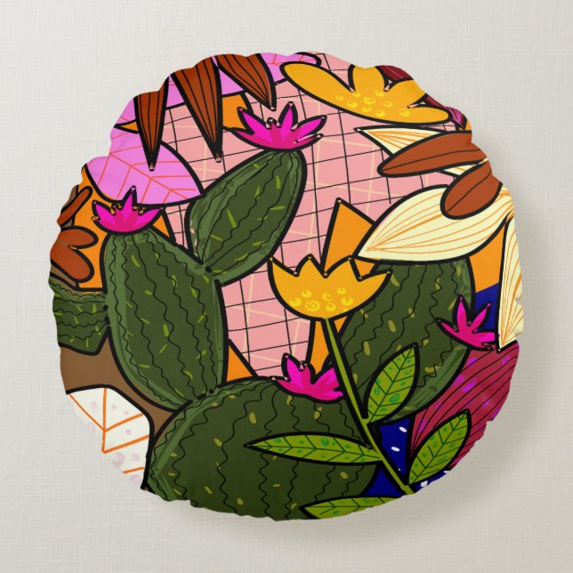 Abstract tropical leaves and flowers   round pillow (Front)