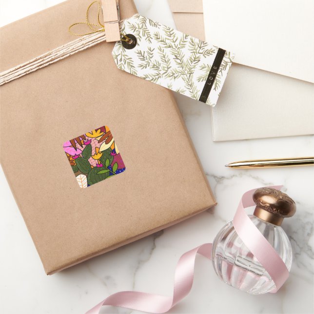 Abstract tropical leaves and flowers  square sticker (Gifting)