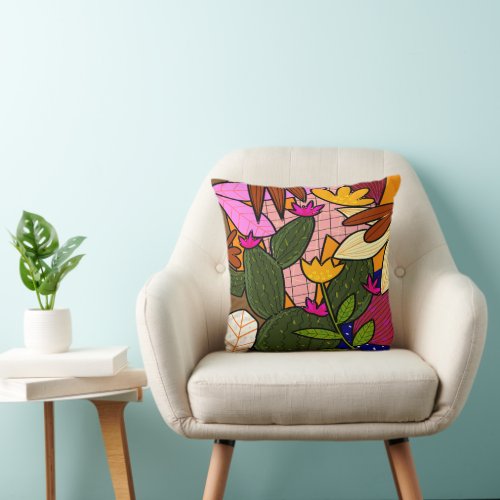 Abstract tropical leaves and flowers throw pillow