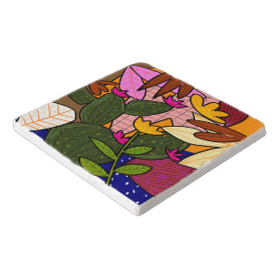 Abstract tropical leaves and flowers  trivet