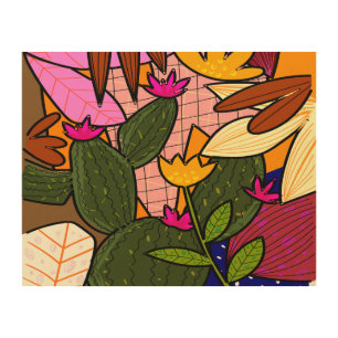 Abstract tropical leaves and flowers  wood wall art