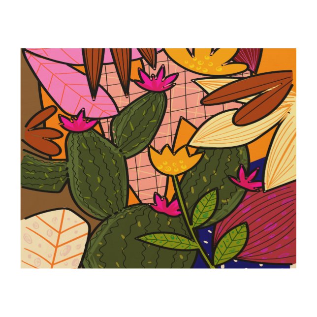 Abstract tropical leaves and flowers  wood wall art (Front)