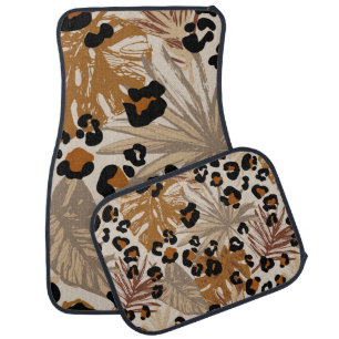 Abstract tropical leaves and grunge leopard camouf car floor mat