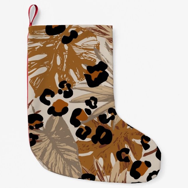 Abstract tropical leaves and grunge leopard camouf small christmas stocking (Front)