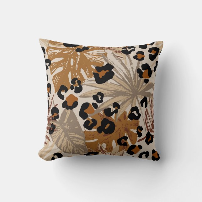 Abstract tropical leaves and grunge leopard camouf throw pillow (Front)