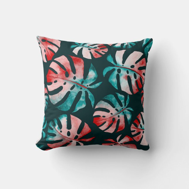 Abstract Tropical Leaves, Watercolor Bright. Throw Pillow (Front)