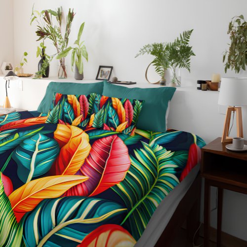 Abstract Tropical Orange Green Palm Leaves Pattern Duvet Cover