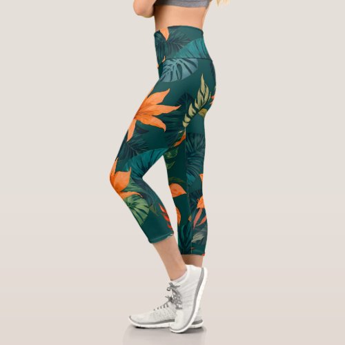 Abstract Tropical pattern with plants and leaves Capri Leggings