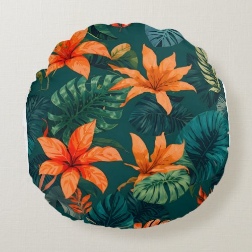 Abstract Tropical pattern with plants and leaves Round Pillow
