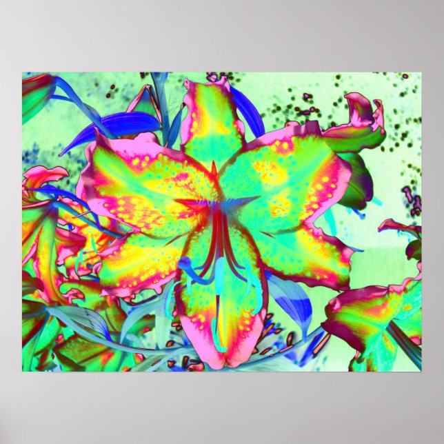 Abstract tropical pink green floral lily poster (Front)