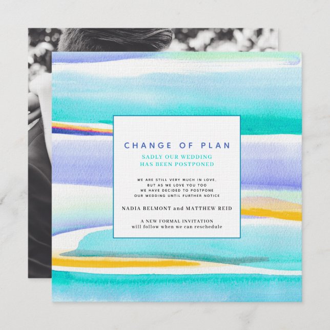 Abstract tropical tide aqua wedding postponement invitation (Front/Back)