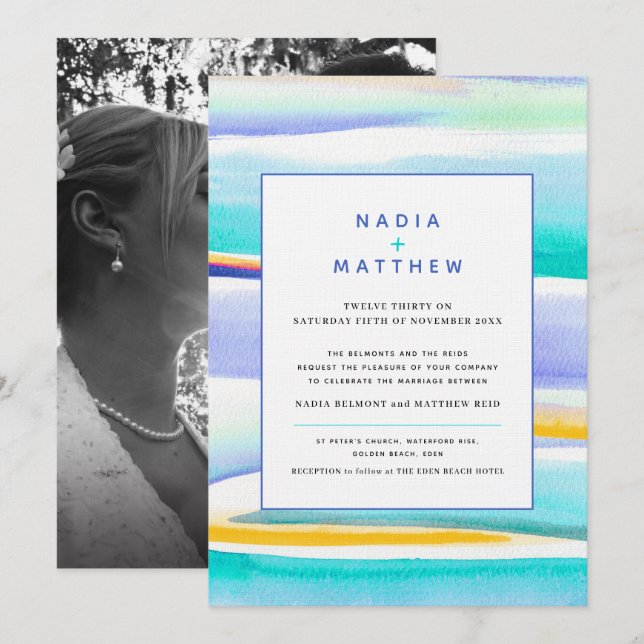 Abstract tropical tide lines aqua yellow wedding invitation (Front/Back)