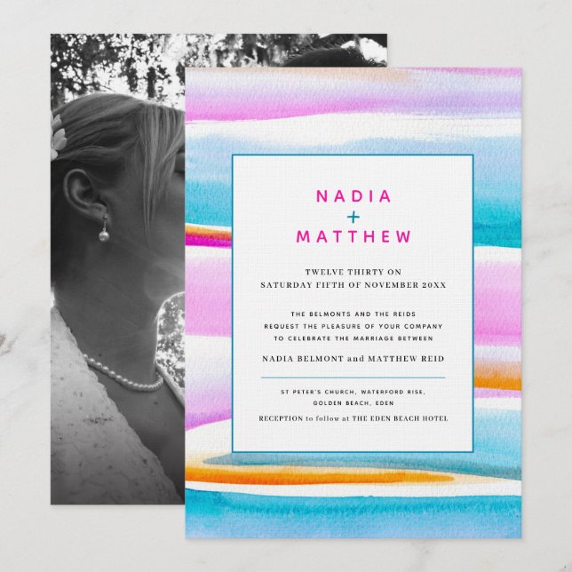 Abstract tropical tide lines pink aqua wedding invitation (Front/Back)