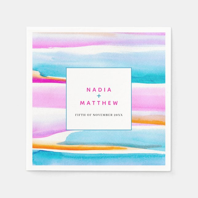 Abstract tropical tide lines pink aqua wedding napkins (Front)