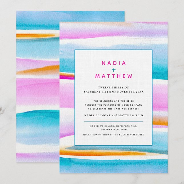 Abstract tropical tide lines pink teal wedding invitation (Front/Back)