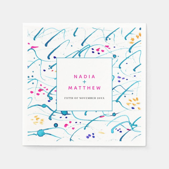 Abstract tropical waves pink aqua orange wedding napkins (Front)