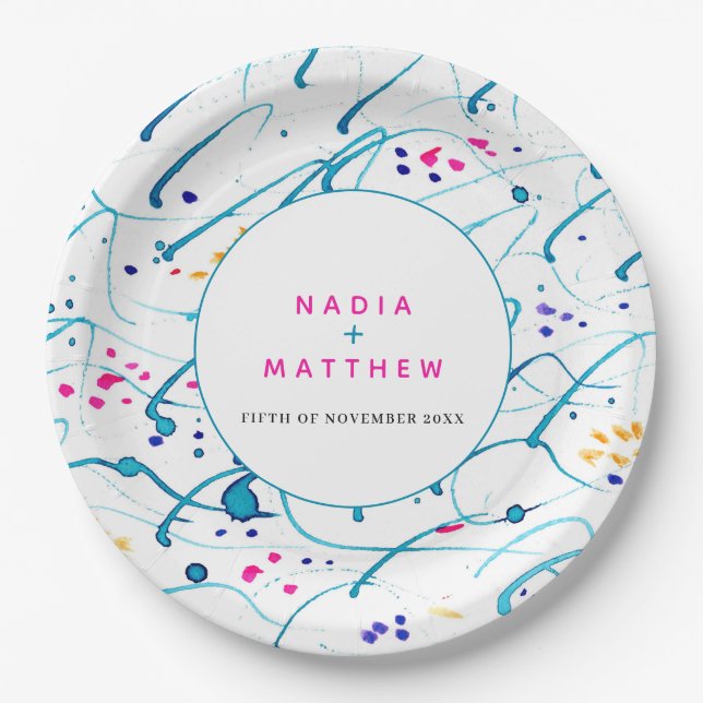 Abstract tropical waves pink aqua orange wedding paper plates (Front)