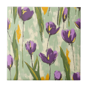 Abstract Tulip Blooms on Mint Green Background Ceramic Tile