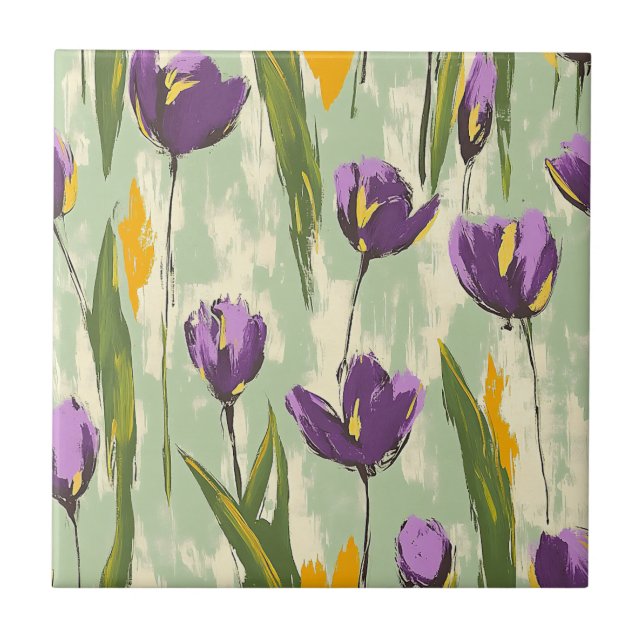 Abstract Tulip Blooms on Mint Green Background Ceramic Tile (Front)