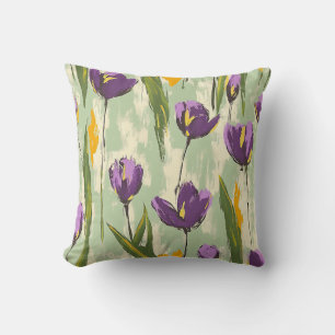 Abstract Tulip Blooms on Mint Green Background Throw Pillow