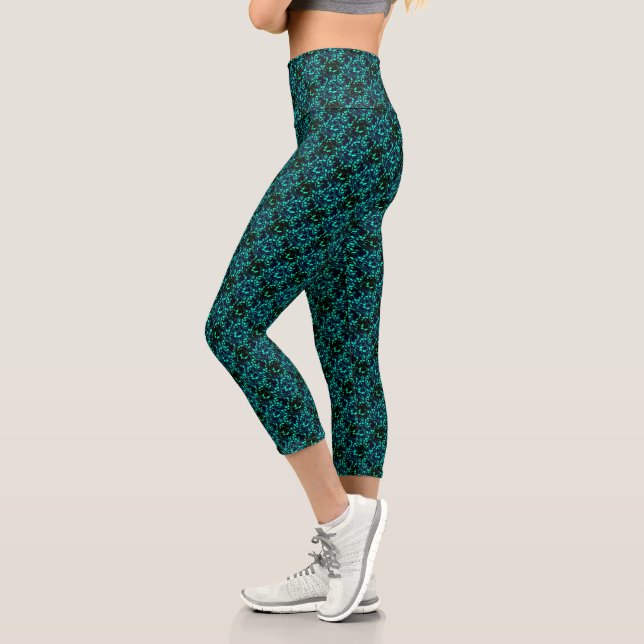 Abstract Turquoise And Black Pattern  Capri Leggings (Left)