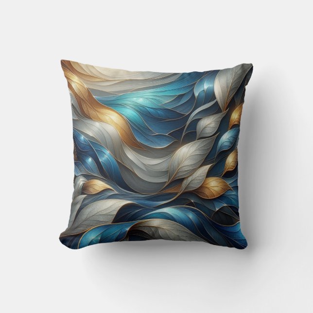 Abstract Turquoise and Copper Leaves  Throw Pillow (Front)