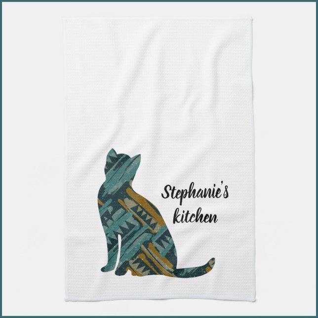 Abstract Turquoise and Gold Cat Lover  Kitchen Towel (Creator Uploaded)