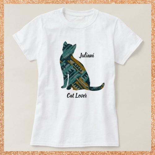 Abstract Turquoise and Gold Cat Lover T_Shirt