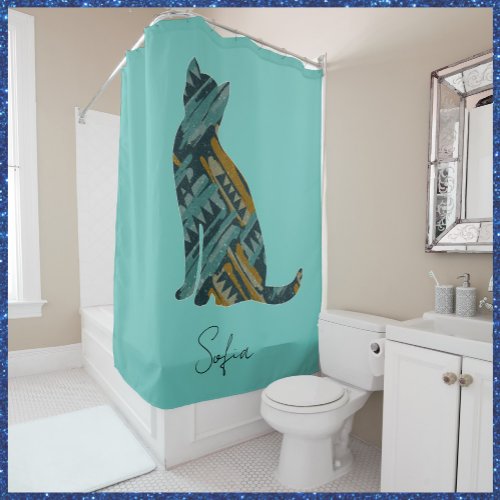 Abstract Turquoise and Gold Cat Shower Curtain