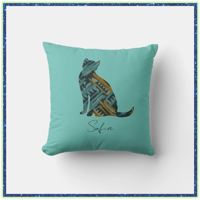 Abstract Turquoise and Gold Cat  Throw Pillow (Creator Uploaded)