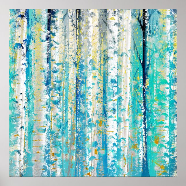 Abstract Turquoise and Gold Grunge Birch Poster (Front)