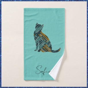 Abstract Turquoise Blue & Gold Cat Bath Towel Set