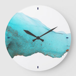 Abstract Turquoise Gold Alcohol Ink Art Large Clock