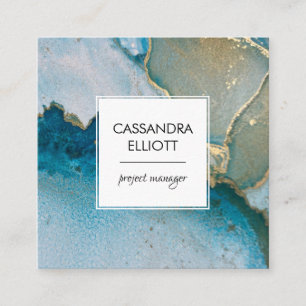 Abstract Turquoise & Gold Alcohol Ink Liquid Art Square Business Card