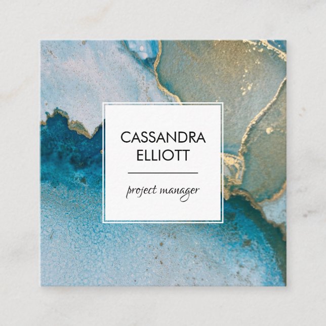 Abstract Turquoise & Gold Alcohol Ink Liquid Art Square Business Card (Front)