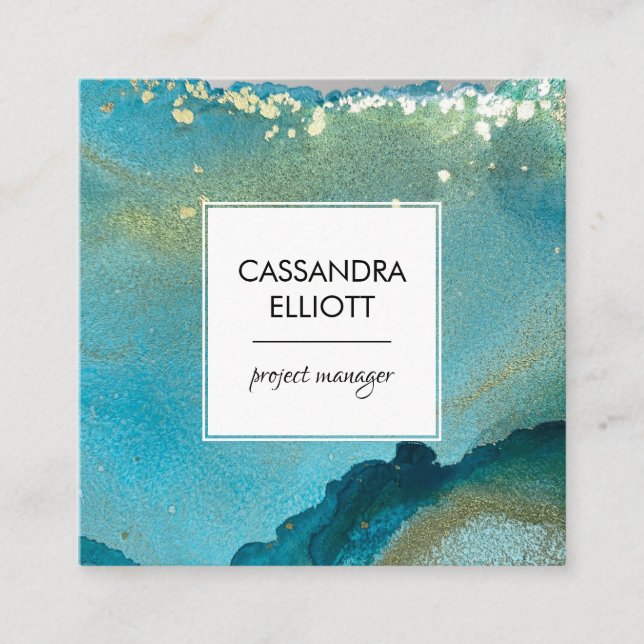 Abstract Turquoise & Gold Alcohol Ink Liquid Art Square Business Card (Front)