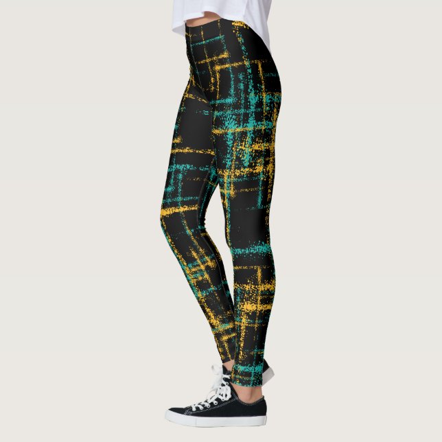 abstract turquoise gold criss cross pattern leggings (Left)