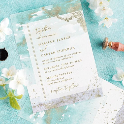 Abstract Turquoise Lavender Gold Modern Wedding Invitation