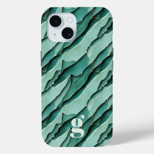 Abstract Turquoise Papercut Layered Monogrammed iPhone 15 Case