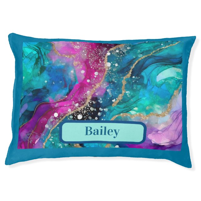 Abstract Turquoise Pink & Purple With Gold Dog Bed (Front)