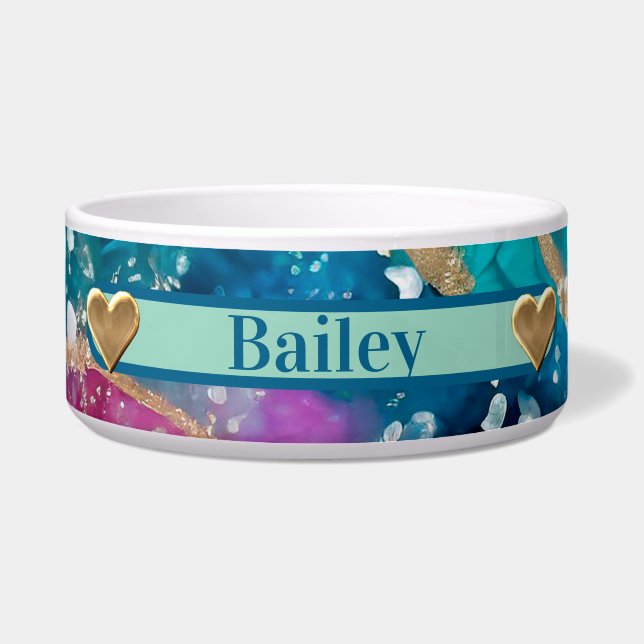 Abstract Turquoise Pink & Purple With Gold Glitter Bowl (Front)