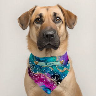 Abstract Turquoise Pink & Purple With Gold Glitter Pet Bandana Collar
