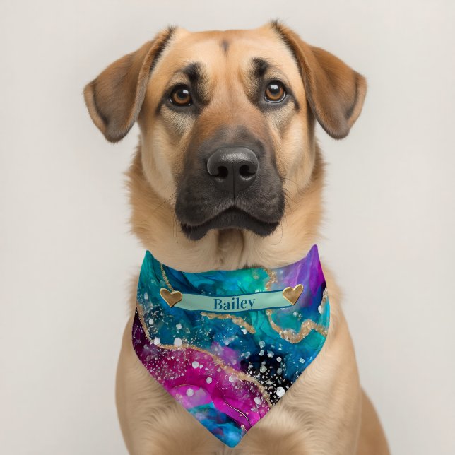 Abstract Turquoise Pink & Purple With Gold Glitter Pet Bandana Collar (Dog 2)