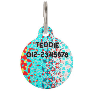 Abstract Turquoise Red Yellow with Contact No. Pet ID Tag
