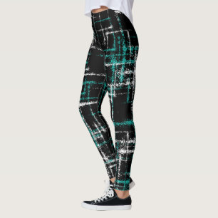 abstract turquoise white criss cross pattern leggings