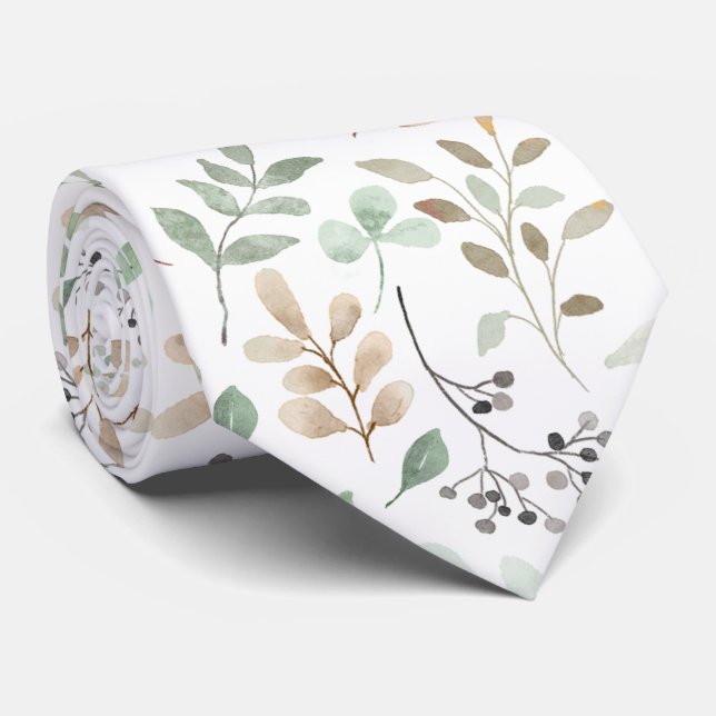 Abstract Twigs Leaves Green White Brown Neck Tie (Rolled)