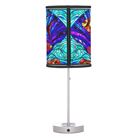 Abstract Underwater Fish & Shell Stained Glass Table Lamp (Back)