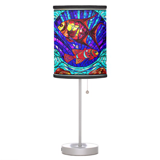 Abstract Underwater Fish & Shell Stained Glass Table Lamp (Left)