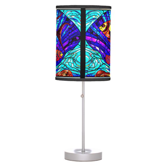 Abstract Underwater Fish & Shell Stained Glass Table Lamp (Front)